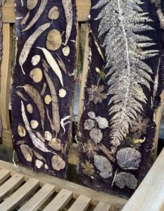 ecoprint met blauwhout op linnen. Blauwhout heeft gereageerd op het ijzer van het beitsrecept en de kleuren verdiepen.